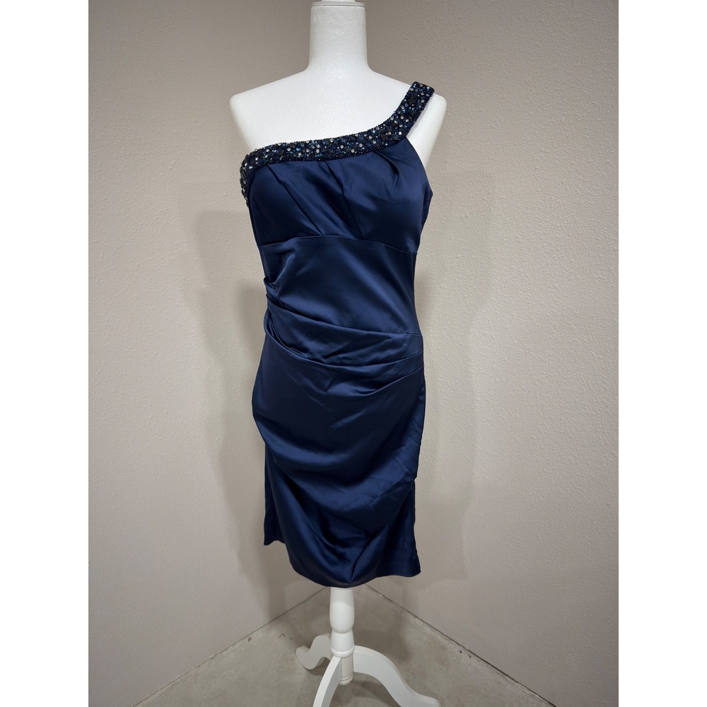 Betsy & Adam One Shoulder Dress 14 Navy Blue Beaded Ruched Luxe Gala Glam Dress